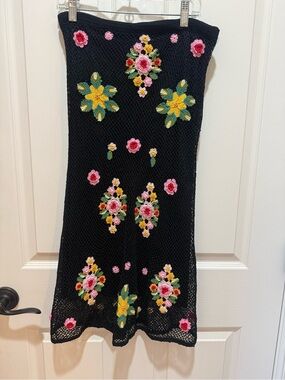 Black Crochet Skirt with Multicolor Floral Embroidery size small